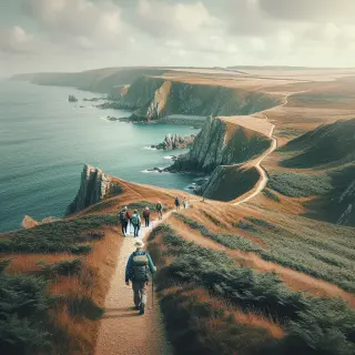 A coastal hiking trail with a few hikers on a narrow path overlooking the sea, surrounded by cliffs and wild vegetation under a cloudy sky in Normandy.