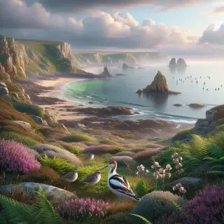 Atlantic heathland and cliffs at La Hague with wildflowers, gorse, an avocet and a wagtail on the shore, dolphins and a seal visible in the sea, under a cloudy sky.