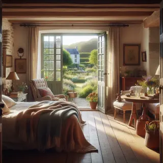Chambre d’hôtes lumineuse et accueillante avec murs en pierre, mobilier en bois, lit double, bouquet de fleurs sur table et vue sur jardin bocager