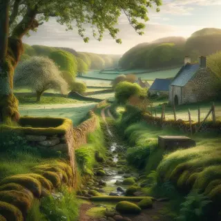 Chemin creux de campagne entouré de prairies, grange en pierres de schiste, pommiers et lumière douce, ambiance paisible sans personne.