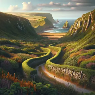 Chemin creux entouré de haies et de murets de schiste, menant à des landes et falaises surplombant la mer sous une lumière douce.
