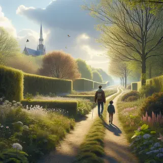 Chemin de randonnée bordé de haies en fleurs dans la Hague, adulte et enfant de dos marchant sous une lumière douce de printemps.