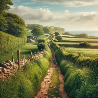 Chemin de randonnée en bocage normand, bordé de murets en pierre sèche et ouvrant sur une vue vers la mer sous un ciel partiellement nuageux