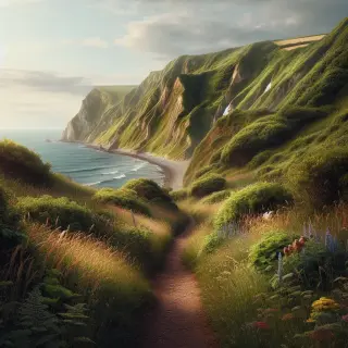Chemin de randonnée herbeux au bord de falaises verdoyantes dominant la mer sous un ciel nuageux en Normandie