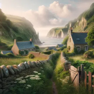 chemin rural bordé de murets de pierre menant à des falaises au-dessus de la mer, fermes en pierre et végétation verdoyante sous un ciel nuageux