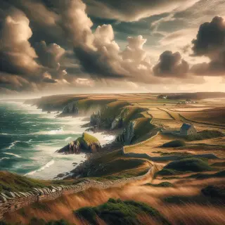 Cliffs and rugged coastline of La Hague with stone walls, wild grass, a coastal path, and a stone cottage under a cloudy sky.