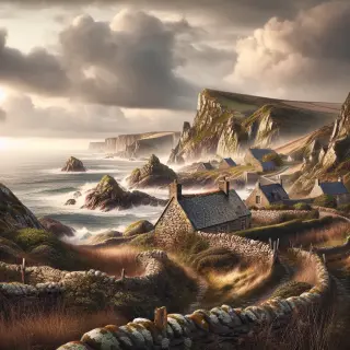 Cliffs of La Hague plunging into the sea, with stone houses and lichen-covered walls under a cloudy sky in Normandy.