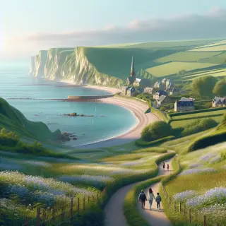 Cliffside trail in La Hague, Normandy, with a family walking among wildflowers, overlooking the sea and a distant village.
