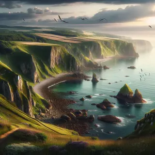 Coastal cliffs at Nez de Jobourg in Normandy with heathland, bocage fields, rocks and seabirds under soft sunlight.