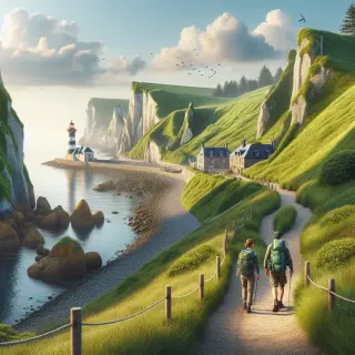 Coastal hiking trail in La Hague, Normandy, with hikers walking along cliffs, lighthouse and small harbor in the background under partly cloudy daylight.