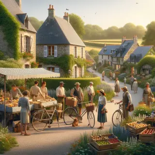 Country lane in rural Normandy with cyclists and walkers, stone houses offering rustic accommodation, and a small market stall featuring fresh local produce like seafood and cheese.