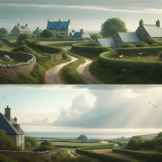 Country path in rural Normandy with stone farmhouses, bocage hedges, and a distant coastline under a mild sky.