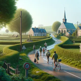 Countryside path in rural Normandy with hedgerows and stone houses, people walking along the trail, village church and signage visible in spring daylight.