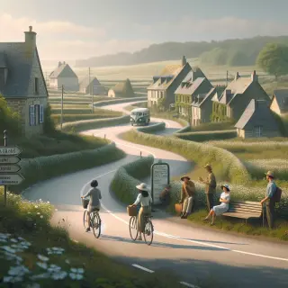 Cyclists and villagers at a rural bus stop in the La Hague countryside, with hedgerows and traditional stone houses under a soft daylight.