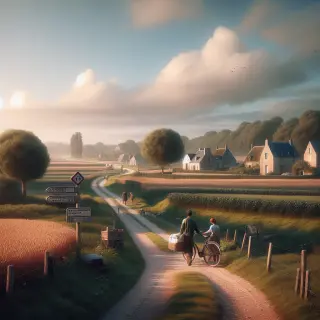 Deux personnes sur une piste cyclable longeant champs et bocages à La Hague, l’une poussant un vélo, décor rural paisible, typiques maisons en pierre au loin sous un ciel clair.