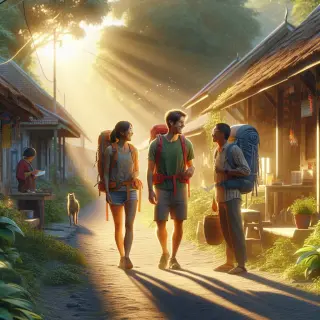 Deux voyageurs marchant avec un habitant sur un sentier de village verdoyant, maisons traditionnelles et boutique d'artisan en arrière-plan, ambiance paisible et authentique.