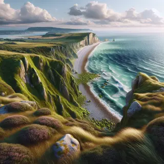Falaises abruptes recouvertes de verdure donnant sur la mer agitée, criques de galets en contrebas et île à l’horizon par temps partiellement ensoleillé