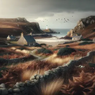 falaises de la Hague avec landes sauvages, murets de pierre, maisons en granit, plage déserte, phare au loin et oiseaux marins sous un ciel nuageux
