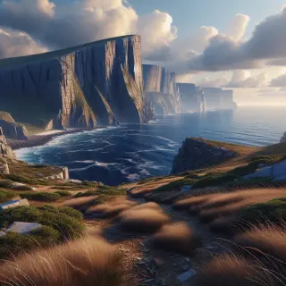 Falaises escarpées du Nez de Jobourg tombant dans la mer sous une lumière naturelle, vue sur la lande et l’horizon marin.