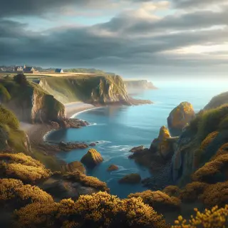 Falaises recouvertes d’ajoncs dominant la mer sous un ciel nuageux en Normandie, avec quelques maisons de pierre au loin.