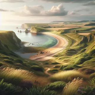 Falaises verdoyantes de La Hague dominant une plage de sable doré, crique longeant océans et landes sous ciel nuageux, avec roselières et étang naturel à l’arrière-plan