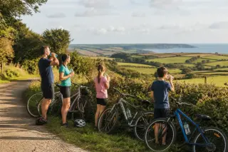 Famille de quatre personnes à vélo faisant une pause sur une petite route vallonnée et champêtre dans la campagne de la Hague, ambiance printanière ou automnale, sous une lumière douce.
