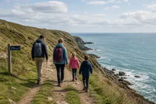 famille de randonneurs marchant sur un sentier balisé en bord de falaise avec vue sur la mer et paysage naturel