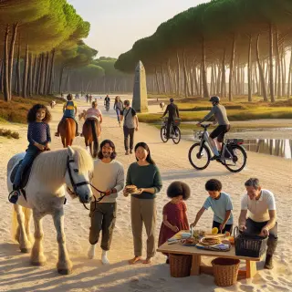 Famille en balade à poney dans les Landes, cyclistes à vélo électrique, animation de pêche à pied, pique-nique près d’un menhir sous une lumière naturelle douce