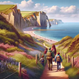 Famille en randonnée sur un sentier côtier fleuri au printemps dans la Hague, avec falaises et mer sous un ciel lumineux.