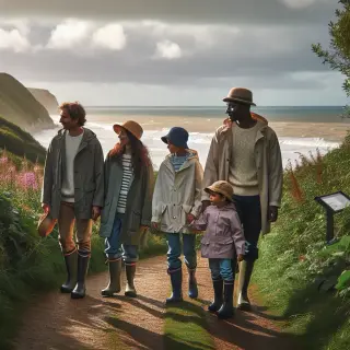 Famille en vêtements imperméables marchant sur un sentier côtier verdoyant en Normandie sous une lumière nuageuse, la mer en arrière-plan.