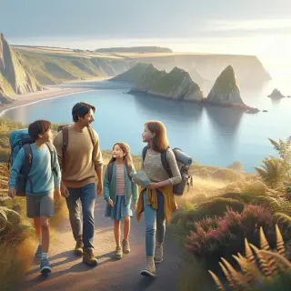 famille marchant sur un sentier côtier avec vue sur la mer et les falaises, sous une lumière douce d'été