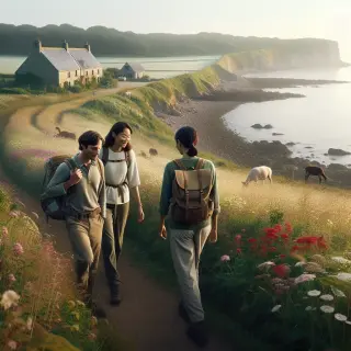 Famille marchant sur un sentier côtier verdoyant avec vue sur la mer, près d'une ferme et de moutons, sous une lumière douce et naturelle.