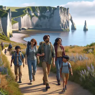 Famille randonnée sur un sentier côtier normand avec falaises, lande fleurie et vue sur la mer