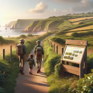 Family hiking a marked trail in the green countryside of La Hague, with informational sign and distant coastal cliffs.