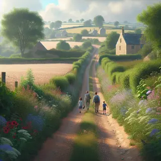 Family of four hiking along a country trail bordered by hedgerows, with stone houses and fields in the background under a partly cloudy sky.
