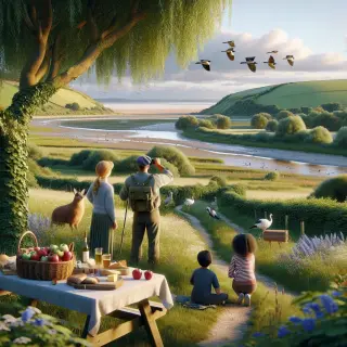 Family with two children observing birds near Vauville, Normandy, in a peaceful countryside setting with picnic table and scenic shoreline in the background.