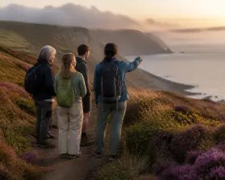 Hikers of various ages quietly observing heathland near cliffs at sunset, natural and candid mood