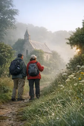 Two hikers with backpacks walking along a misty rural path in Branville-Hague, looking toward a hidden stone chapel surrounded by greenery in soft morning light.