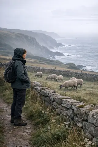 Middle-aged woman in hiking gear observes cliffs and sheep on a misty Normandy coastal path, captured in a natural, unscripted moment.
