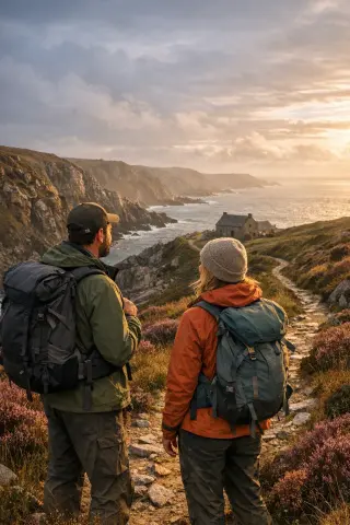 Two hikers on a coastal trail in La Hague at sunset, overlooking cliffs and a distant farmhouse in Normandy.