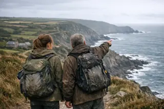 Two hikers on a coastal path in La Hague, Cotentin, overlooking cliffs and fields under overcast light.