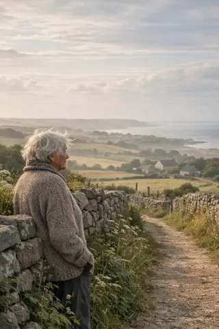 Elderly woman in knit sweater standing by a stone-lined path near Branville-Hague, looking over misty fields towards the distant coastline under soft afternoon light.