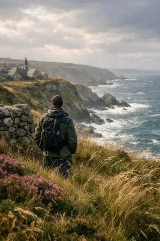 A hiker facing the sea on a grassy headland in La Hague with a village in the background under a cloudy, bright sky.