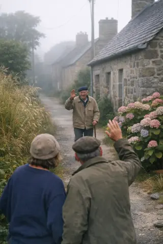 Locals exchanging greetings on a quiet village street in La Hague, with stone houses and blooming hydrangeas under soft morning light.