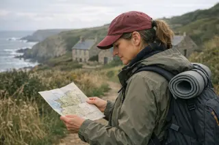 Woman studying a map on a coastal trail near stone cottages and cliffs in the Cotentin region, under soft late afternoon light.