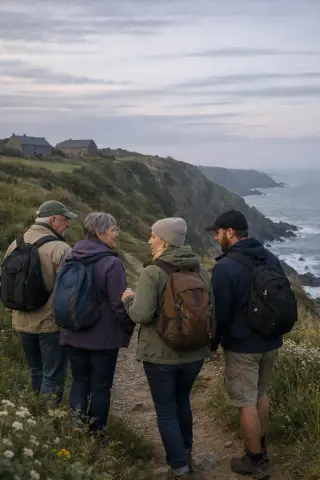 Travelers of different ages walk together along a rugged coastal path atop the cliffs of Cotentin, under soft morning light, engaging quietly and immersed in nature.