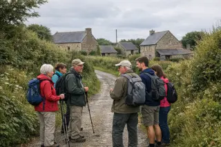 Small group of hikers of different ages pausing on a hedged lane in rural Cotentin, with stone farmhouses in the background under soft daylight.