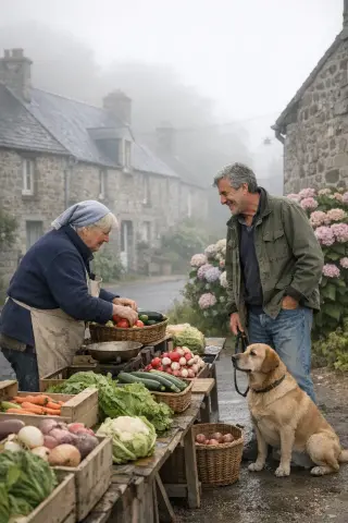 Local market scene in Normandy village with elderly woman arranging vegetables, man with dog greeting her, mist over stone houses and flowers in the background.