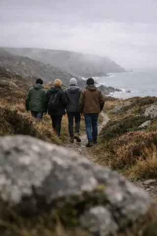 Friends exploring a windswept path along the untamed La Hague coast, with misty cliffs in the distance under soft, overcast light.