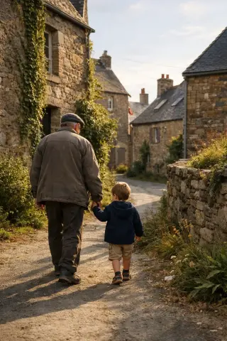 Elderly man and child walking through a rustic Cotentin village lane at golden hour, surrounded by ivy-covered stone houses and authentic Norman scenery.